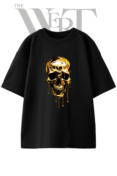 THEWERT Μπλουζάκι Unisex Μαύρο Oversize με Σχέδιο Κρανίου με Στάλαξη Χρυσού κ...