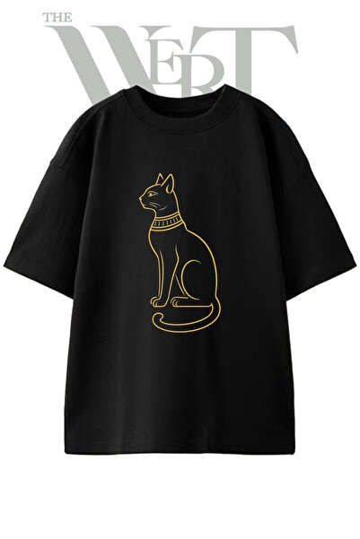 THEWERT Bastet mačka dizajn, štampana unisex crna oversize majica