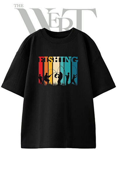 THEWERT Fishing Silhouette Design Printed Unisex Black Oversize T-Shirt