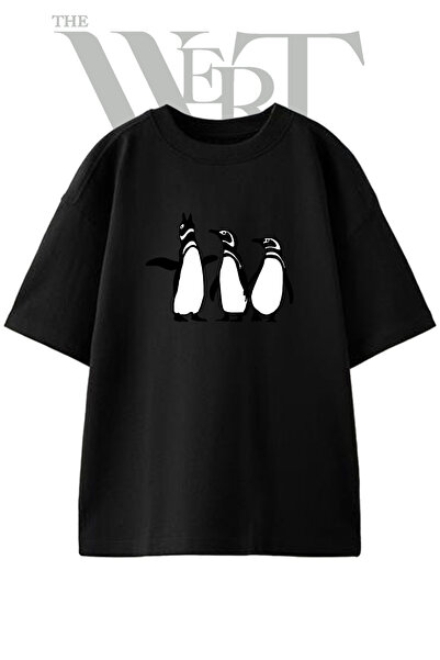 THEWERT تي شيرت أسود كبير الحجم مطبوع بتصميم Penguin Trio للجنسين