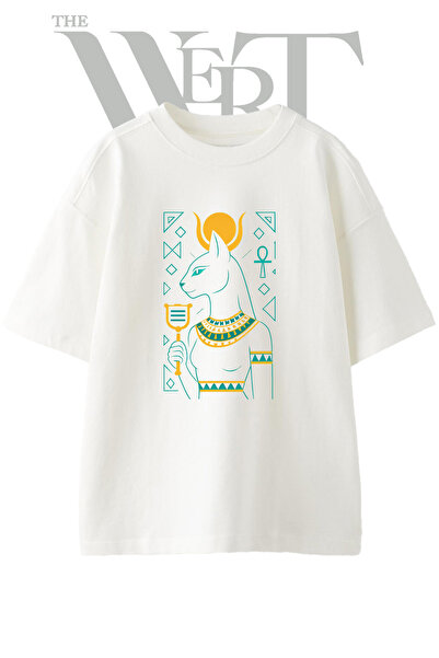 THEWERT Bastet Goddess Design Printed Unisex White Oversize T-Shirt
