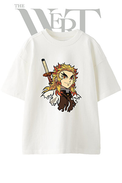 THEWERT Μπλουζάκι Kyojuro Rengoku με στάμπα σχεδίου, Unisex, λευκό, oversized
