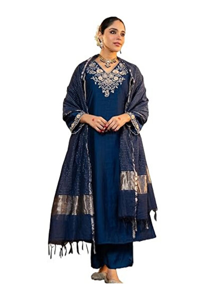 MYSMAR Jalpa Blue Embroidered Silk Suit Set - ALV2167-Jalpa Blue-Size-M-38-In...