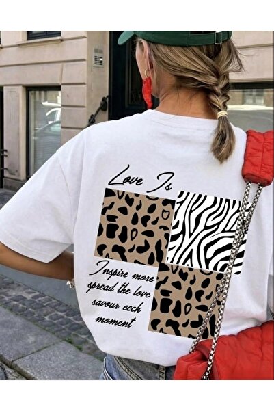 LELVANİ Women's Love Is Leopard Moment Printed Crewneck T-Shirt