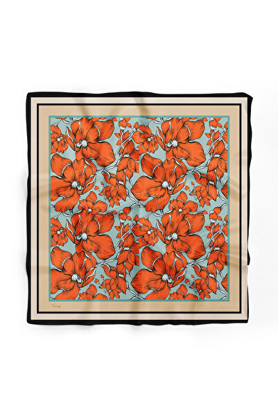DSCARF Kanın Mercan Floral Turquoise Satin Scarf - Modern Botanical Pattern, ...