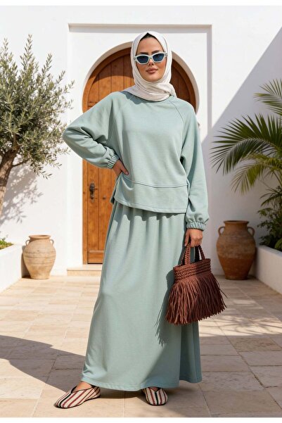 Aselim Hijap Moda Mihra Modal Fabric Oversize Skirt Suit Mint Green