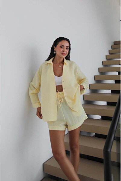 Havoş Yellow Striped Shirt Shorts Set