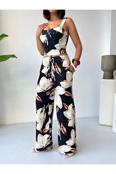 Defne Moda Monaco Desenli Crop Bluz Palazzo Pantolon Takımı