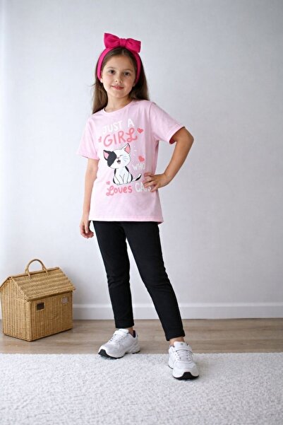 MAVİ BONCUKK Girl's Printed Short Sleeve T-Shirt and Leggings 2-Piece Set Dai...