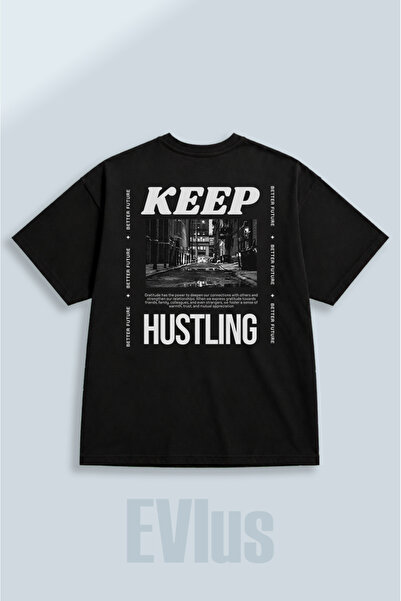 EVIus Tricou negru oversize, cu imprimeu „Keep Hustling”, 100% bumbac, cu dec...