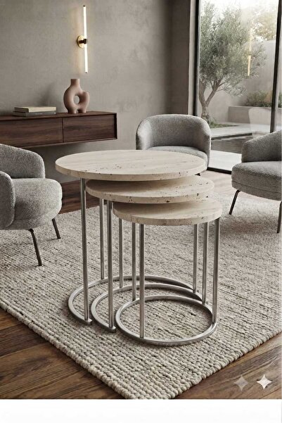 YY STORE 3,lü Zigon Sehpa Gümüş METAL TRAVERTEN TABLA