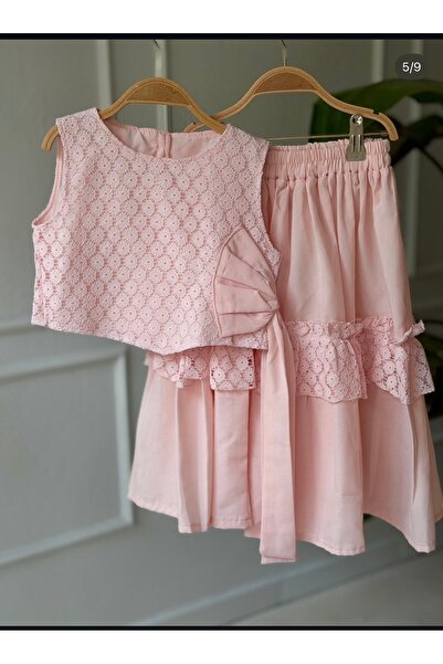 RÜYA KİDS Girl's Summer Top and Skirt Set with Guipure Detail