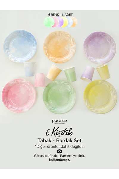 partince 6 Kişilik Karışık Makaron Renkli Kullan At Karton Tabak Bardak Doğum...