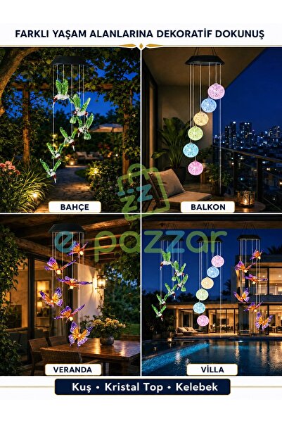 epazzar 3'lü Set Multicolor Renk Geçişli Kuş / Kelebek / Kristal Top Silikon 6'lı Sarkıt Solar Panelli Bahçe Veranda Dekoratif Led Işık