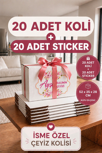kartonya Kişiye Özel Çeyiz Kolisi Seti 52x35x28 cm – 20 Adet Beyaz BC Dalga K...