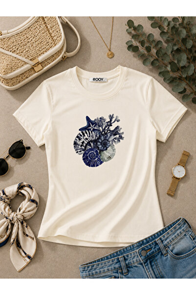 RooY Tekstil Kadın Mercan Baskılı Likralı Kısa kol Body Tee Crop Tişöet