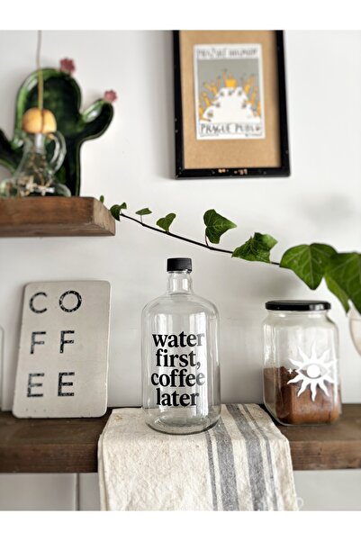 Atölye Merdiven Cam Su Şişesi 1 Litre water first coffee later kahve severler için su şişesi