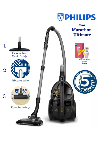 Philips Marathon Sessiz Güç Serisi 899 W Turbo Başlıklı Toz Torbasız Elektrik...