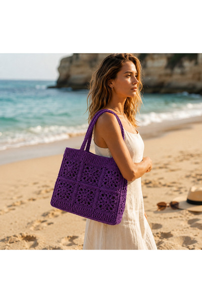 Verda Desing Boho Style Hand Knitted Paper String Lilac Purple Shoulder Bag -...
