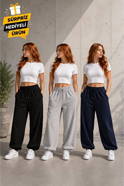 QENY HEDİYELİ KADIN 3 ADET SİYAH+GRİ+LACİVERT PAÇA LASTİKLİ EŞOFMAN ALTI