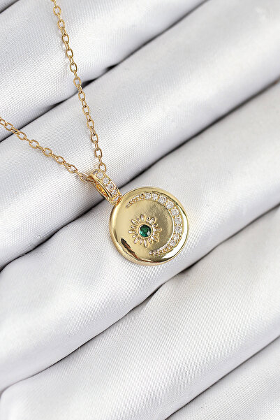 Mega Bazaar 316L Steel Zircon Stone Moon and Sun Model Gold Color Women's Nec...