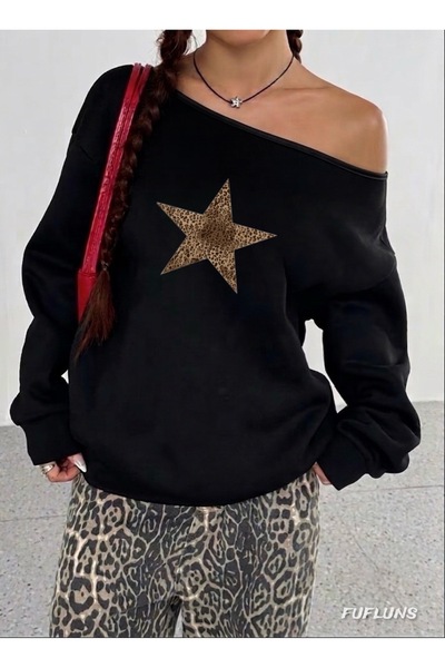 FUFLUNS Leopard Star Printed Oversized Women's Boat Neck Sweatshirt