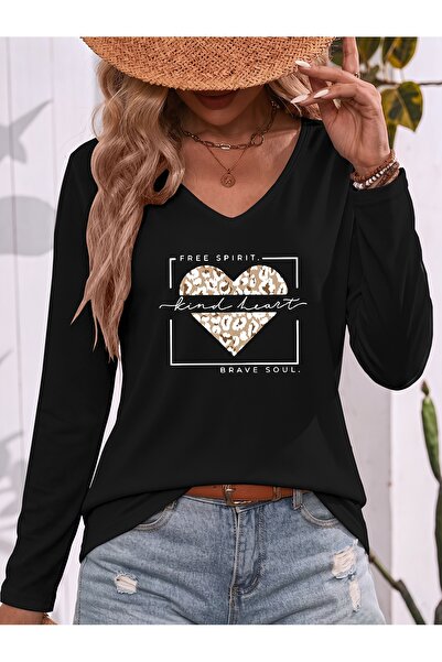 Deocept Heart Printed Cotton V-Neck Long Sleeve Blouse