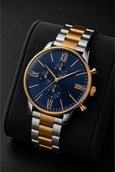 Leerybee Men's Wristwatch Silver Gold Metal Band Navy Blue Dial Roman Numeral...