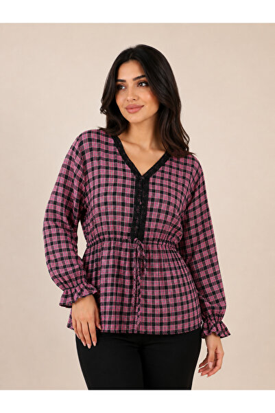 Verona Women's Checkered Lace-Up Waist V-Neck Blouse