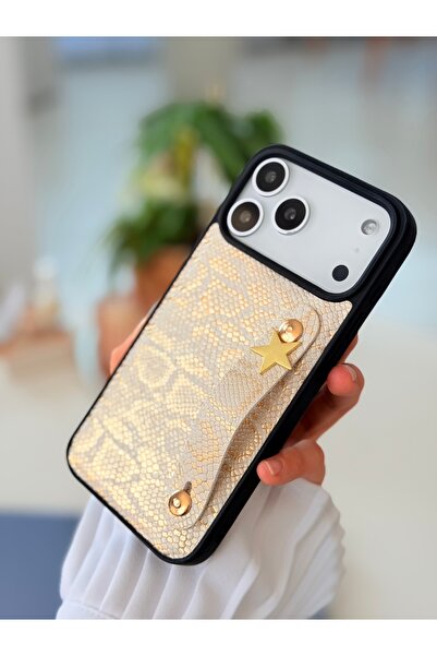 Go Aksesuar Iphone 17 PROMAX Uyumlu Tutacaklı Yıldız Tasarımlı Deri Görünümlü Esnek Silikon Kılıf