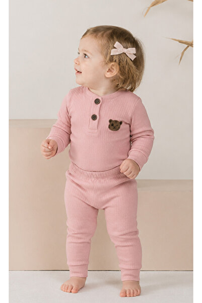Rocha Baby Ribbed Long Sleeve Double Set with Teddy Bear Detail - Top and Bottom Set