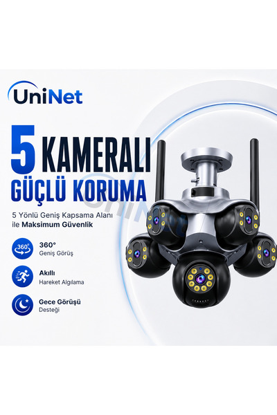 uninet 5 Kameralı 360 Derece WiFi Akıllı Güvenlik Kamerası Panoramik Görüş Ha...