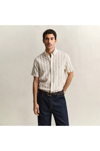 Gant Erkek Bej Regular Fit Çizgili Logolu Gömlek