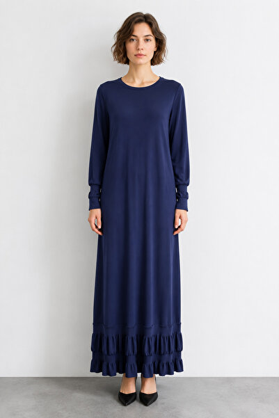 bihan store Cuff Ruffle Detailed Comfortable Cut Long Knitwear Dress 135- Nav...