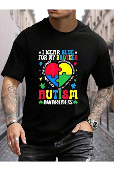 9TAY تي شيرت رجالي أسود من القطن 100% بطبعة I Wear Blue For My Awareness Auti...