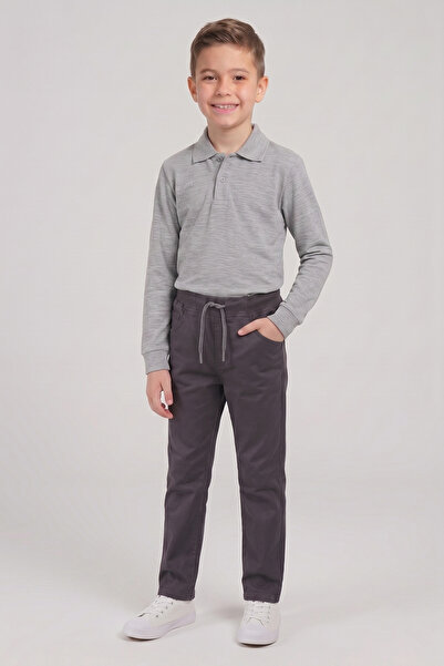 nacar çarşı Boy's Gray Long Sleeve Polo Collar T-Shirt Smoked Ribbed Waist Ca...
