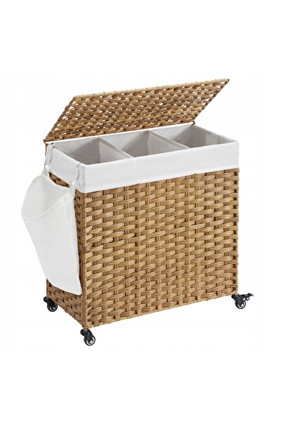 SONGMICS COȘ DE RĂPĂNITURI 140L RATTAN CU 3 COMPARTIMENTE CU CAPAC SAC PE ROȚ...