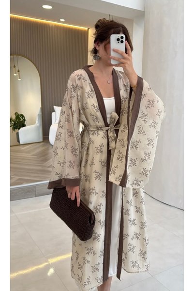 LİNDALİNA TEKSTİL Keten Nakışlı Kuşaklı Uzun Kimono