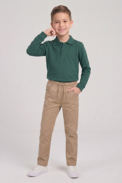 nacar çarşı Boys' Nefti Green Long Sleeve Polo Neck T-Shirt Beige Ribbed Wais...