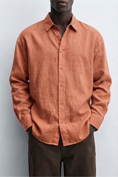 GIA - ART Men's Linen Shirt Monarch Line Orange – Long Sleeve, Buttoned, Mode...