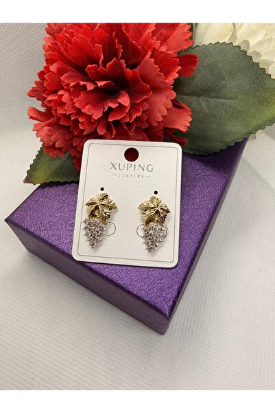 XUPING JEWELRY ZİRKON TAŞLI 14K RENGİ ÜZÜM SALKIM MODELLİ ÇELİK KÜPE