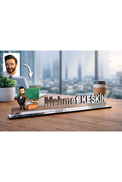 MK Sanart Fotoğraftan Tasarlanan Öğretmen Karikatürlü Kişisel Masa İsimliği O...