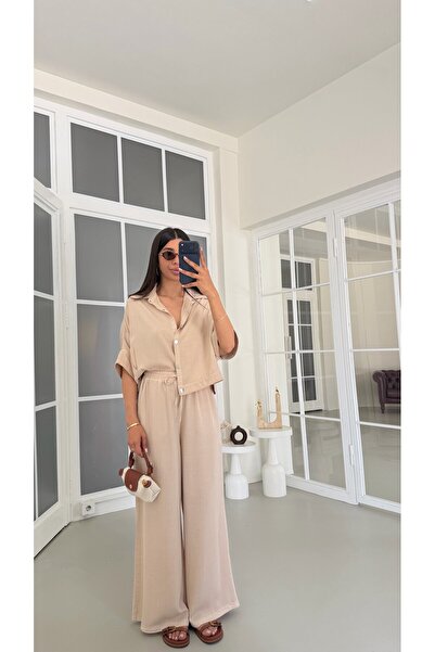 GAUS CO Taş Yarasa Kol Gömlek Beli Lastikli Pantolon Tencel Denim Takım GAUS-...