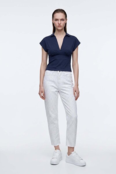 HAKKE Front and Back Stone Embellished, Cut-Out Hem Mom Jean Pants