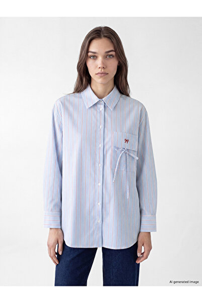 LC Waikiki Blue Striped Bow Detailed Poplin Women's Shirt Tunic