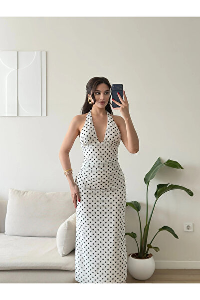 Zoom Butik Mila Boyundan Bağlamalı Drapeli Uzun Elbise- PUANTİYELİ