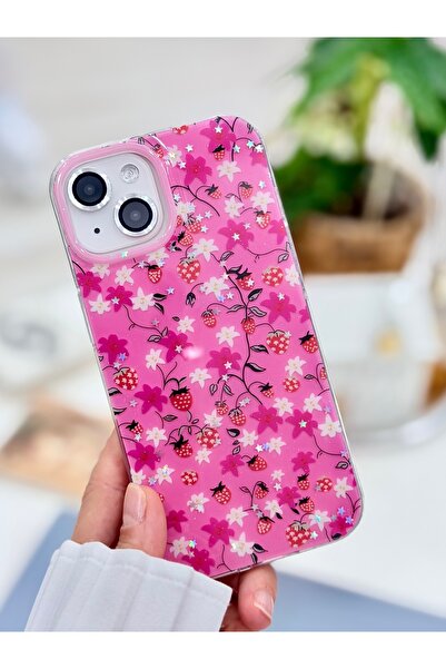 Go Aksesuar Iphone 15 - 14 - 13 Uyumlu ÇİLEK Tasarımlı PARLAK Silikon Kılıf