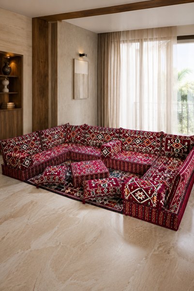 FEYZA DECOR HOME Kervansaray Bordo Kilim Desenli 20 cm Yüksek Şark Köşesi Takımı