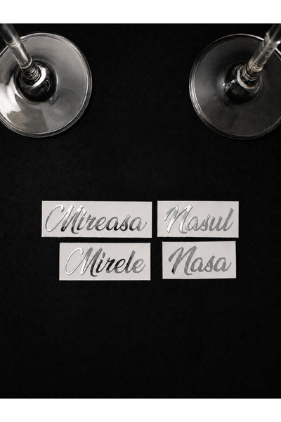 Cratoo Set 4 Stickere Argintiu Crom pentru Pahare Nunta: Mirele, Mireasa, Nasul, Nasa. 7cm. Folie de transfer inclusa.