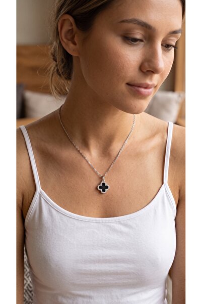 Mega Bazaar 316L Steel Silver Color Black Enamel Zircon Stone Clover Figured ...